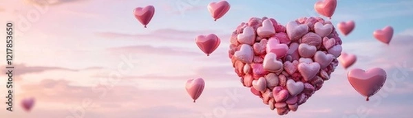 Fototapeta A whimsical pink heart composed of candy, surrounded by floating heart-shaped balloons in soft pink and red tones, all set in a dreamy pastel sky