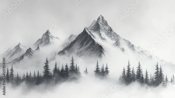 Fototapeta Misty mountain peaks, coniferous forest, fog, dramatic sky, nature print