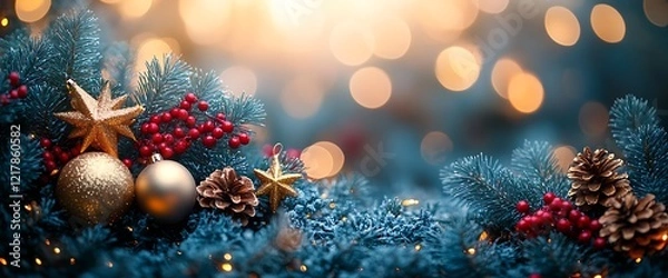 Fototapeta  Christmas Tree With Ornaments In Blue And Bokeh Lights - Real Fir Branches With Glittering In Abstract Defocused Background - This Image Contain 3d Rendering Elements 
