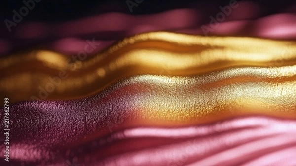 Fototapeta A close-up view of a luxurious textured fabric with waves of radiant gold and pink hues, conveying elegance and warmth.