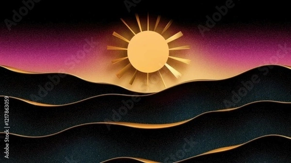 Fototapeta A vibrant digital illustration depicting a stylized sun rising above wavy black mountains with a gradient sky in shades of purple and gold.