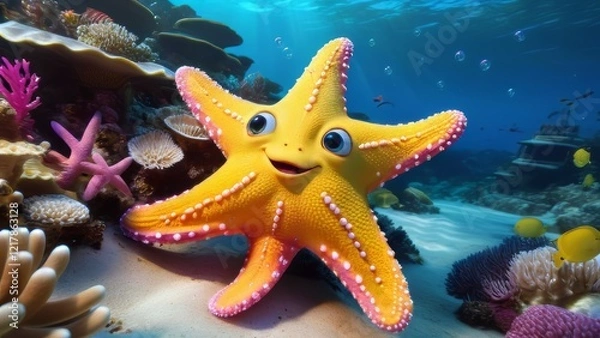 Fototapeta A cartoonish yellow starfish with a smile on its face is in a colorful underwater scene. The scene is lively and cheerful, with various sea creatures swimming around the starfish
