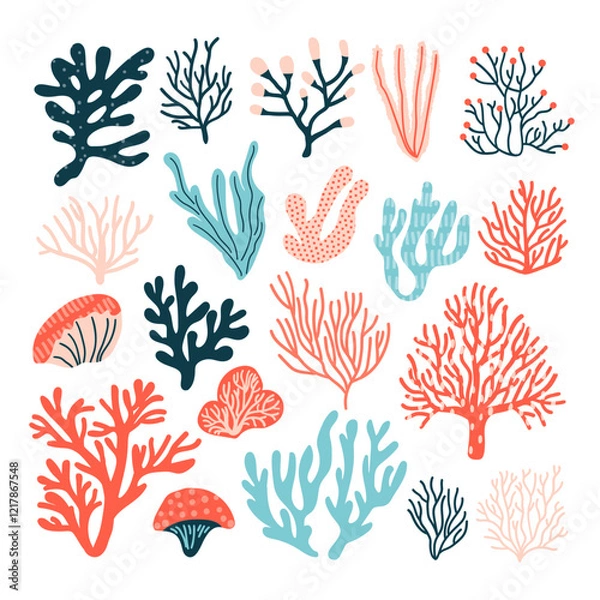 Fototapeta Coral collection: Includes various ocean plants, underwater flora, and seaweeds. Features aquatic plants, algae, and tropical seabedel ements vector set