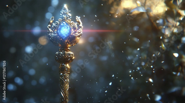 Obraz Pink sword with crystals on it. Scepter, stones, blurred, background jewels, glare, light, color. Glare light from a piercing piercing reflects color the jewels. A scepter of lifestyle light stones.
