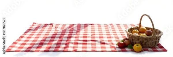 Obraz Red and white checkered picnic blanket with a wicker basket full of fresh apples creating a festive summer vibe, perfect for gathering and celebrating