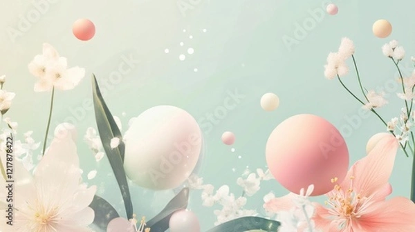 Fototapeta Minimal Easter Banner with Pastel Eggs and Flowers