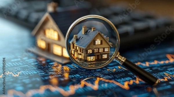 Fototapeta A magnifying glass focuses on a falling interest rate chart, emphasizing the importance of understanding financial trends in market evaluation.