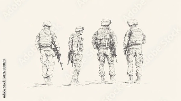 Fototapeta Soldiers in tactical gear standing in formation, showcasing teamwork and readiness in a neutral background