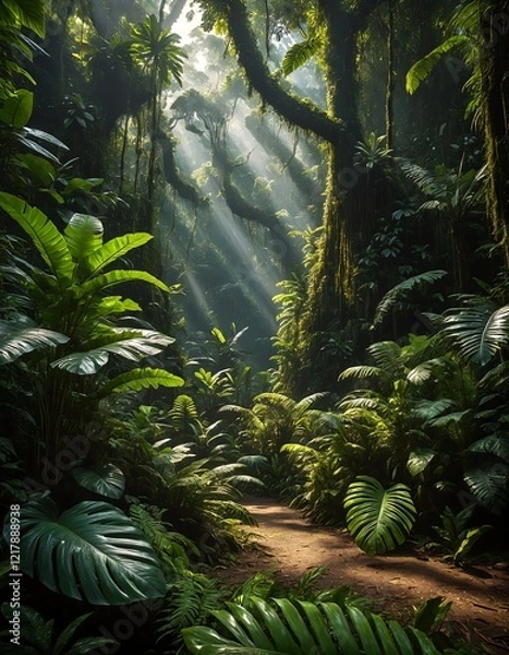 Obraz Tropical leaves illuminated by golden sunlight