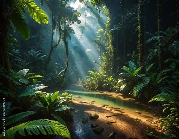 Obraz Tropical jungle basking in warm sunlight