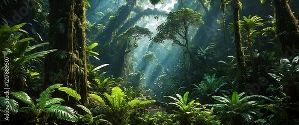 Obraz Warm light cascading into a tropical jungle