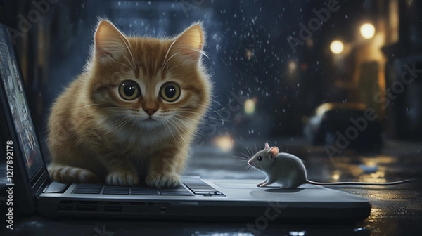 Fototapeta Cat and mouse. Cat, laptop, blurry, background glare, light, room, technology. Technology and light in room with glare. Cat glares at the background light of a laptop in a room lifestyle technology.