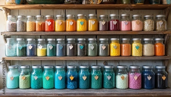 Fototapeta Colorful Glass Jars Filled with Beads on Wooden Shelves