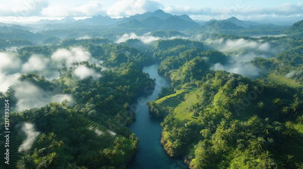 Fototapeta Golden rice terraces cascade down lush mountainsides, their vibrant colors harmonizing with the emerald jungle. A winding river snakes through the valley, offering a serene contrast