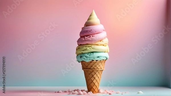 Fototapeta Pastel-colored ice cream in a waffle cone against a soft pink and blue gradient background.