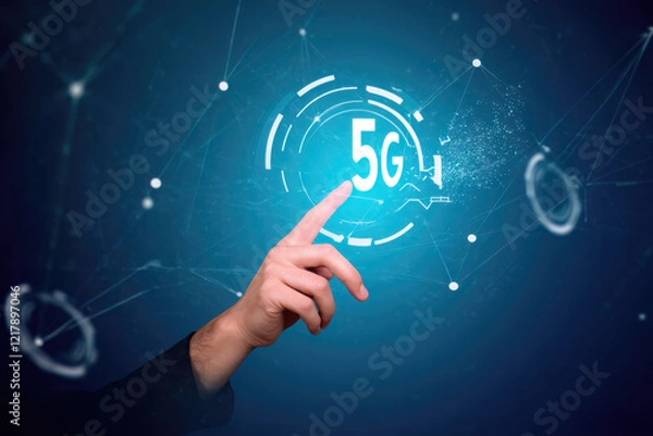 Fototapeta A futuristic setting representing the harmony between humans and machines. A hand interacting with a digital interface, surrounded by floating complex algorithms, data streams