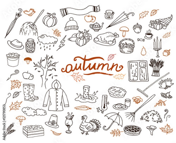 Obraz Hand-drawn autumn doodle collection. Line art seasonal set of illustrations.