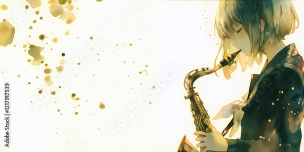 Obraz JAZZを演奏する女の子。演奏会イメージ素材。水彩画。イラスト。