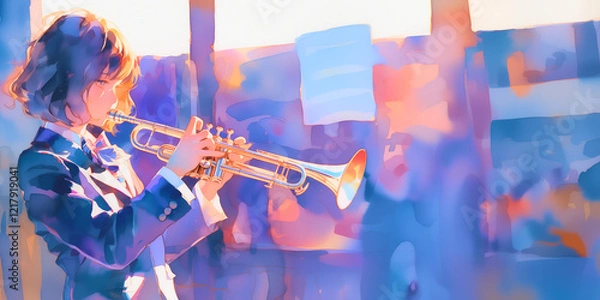 Obraz JAZZを演奏する女の子。演奏会イメージ素材。水彩画。イラスト。