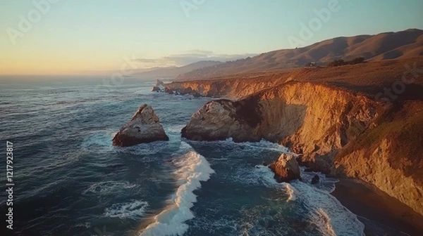 Fototapeta Sunset coastal cliffs with ocean waves crashing.
