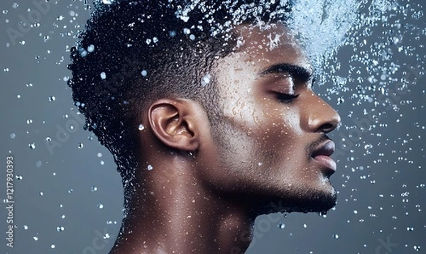 Fototapeta A close-up of the face and upper body with water splash, generation AI 