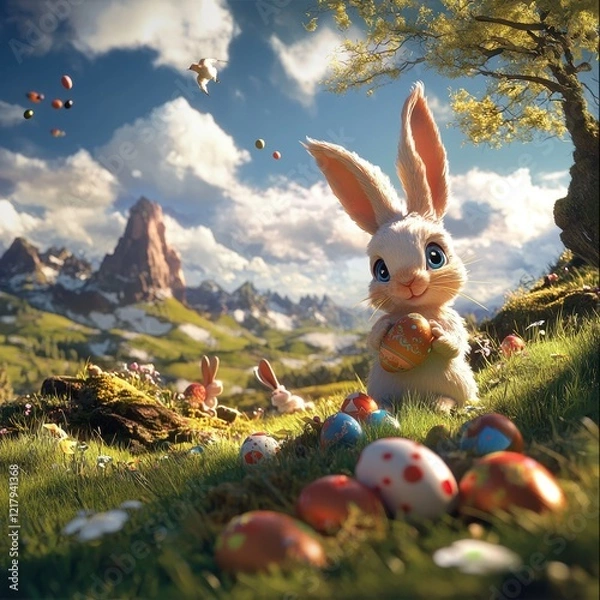 Fototapeta Easter Bunny's Adventure, a vibrant 2D cartoon depicting a rabbit joyfully gathering colorful eggs in a lush spring meadow setting