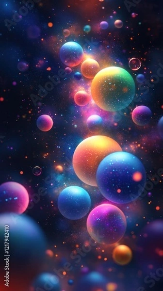 Obraz Mesmerizing Celestial Orbs of Vibrant Energy in a Cosmic Expanse   Captivating digital artwork depicting a surreal and fantastical universe filled with glowing luminous spheres and celestial elements