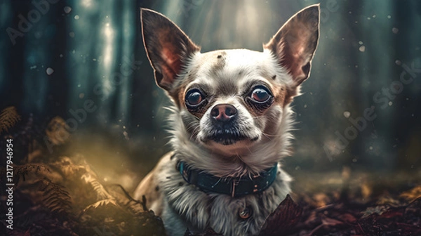 Fototapeta Chihuahua in mystischer Waldkulisse mit warmem Licht