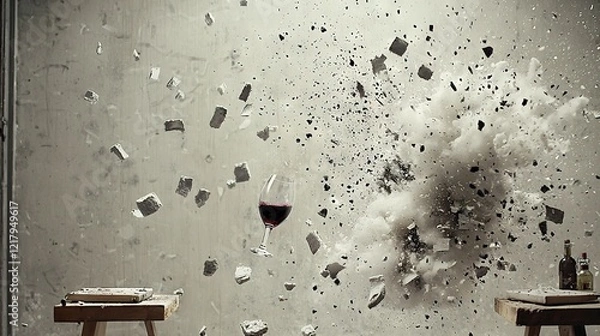 Fototapeta   A glass of wine rests on a table against a wall with broken glass