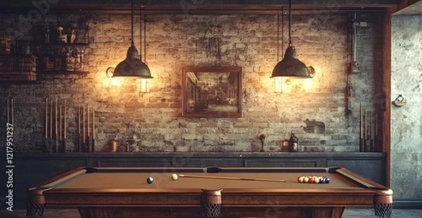 Fototapeta Vintage-style billiard room with a rustic ambiance, featuring a pool table and warm lighting