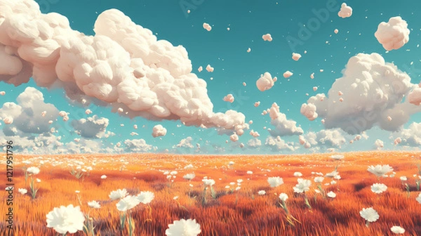 Fototapeta A whimsical clay prairie with cotton-like clouds hovering just above the ground and vibrant, flower-like shapes scattered across, generative ai. Vibrant Prairie. Illustration