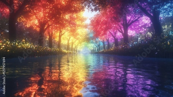 Fototapeta Immerse yourself in this captivating dreamlike scene of an enchanting woodland landscape reflected in a serene lake  Vibrant hues of light and color create a magical otherworldly atmosphere