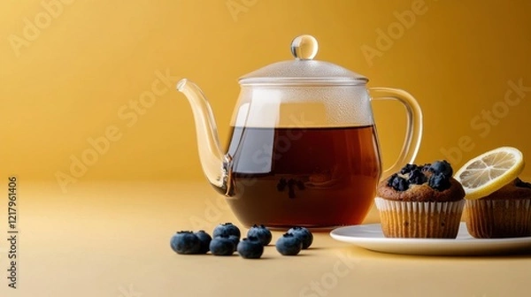 Fototapeta Glass teapot filled with rich tea and garnished with blueberries and lemon on a warm yellow background