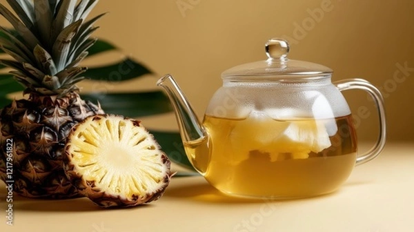 Fototapeta Enjoy refreshing tea brewed in a glass teapot alongside fresh pineapple on a warm, inviting surface