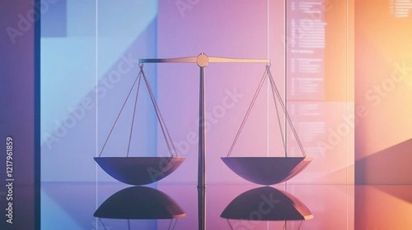 Obraz Balanced scales reflecting on a shiny surface against a colorful background.