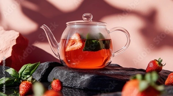 Fototapeta Refreshing strawberry tea brewed in a glass teapot on a stone surface with vibrant strawberries scattered around the setup