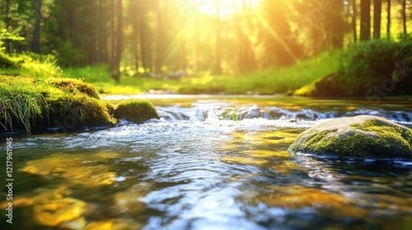 Fototapeta Close-up of a clear stream flowing through a forest, with sunlight reflecting off the water and moss-covered stones in the foreground.