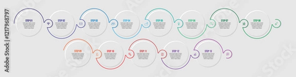 Fototapeta Business Infographic Template Design. Timeline with 13 marketing steps, options and icons. Vector linear infographic with eleven connected elements. Can be used for presentations in your business.