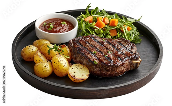Fototapeta Grilling succulent steak on a plate at a restaurant isolated in artistic setting