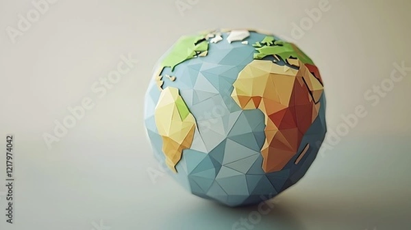 Fototapeta Low Poly 3D Rendered Globe with Geometric Continents and Simple Bold Color Palette  Stylized Cartographic of the Earth s Surface