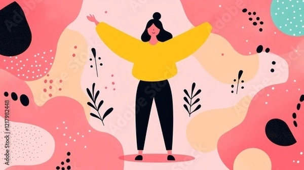Fototapeta Joyful Woman in Vibrant Abstract Background with Playful Colors and Nature Elements Celebrating Positivity and Creative Expression