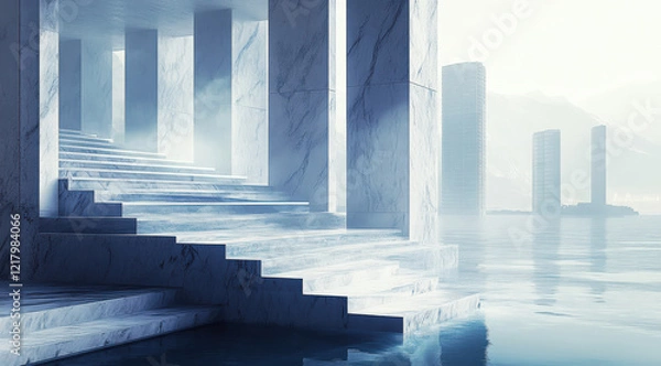 Obraz Modern buildings by the seaside, with steps leading to the water surface, and distant high-rise buildings shrouded in smoke