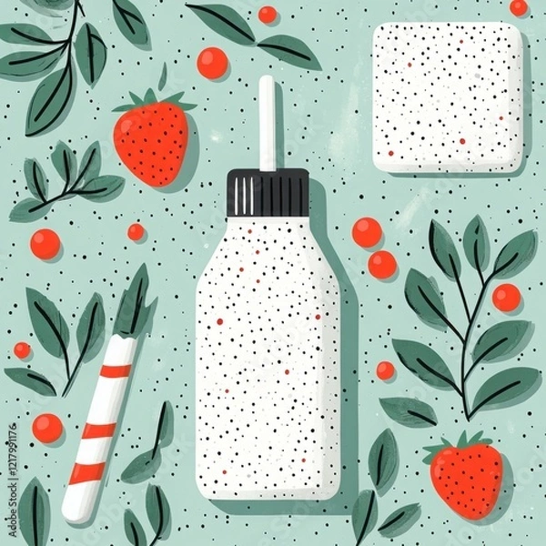 Obraz Vibrant Pattern of Strawberries, Leaves, and Condiment Bottle Showcasing Playful Illustrations with a Fresh Summer Vibe Perfect for Culinary and Food-Related Projects