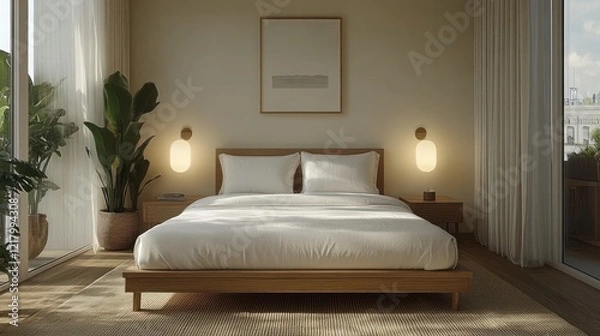 Fototapeta Minimalist bedroom with sunlight, wooden bed, plants, and wall lights.