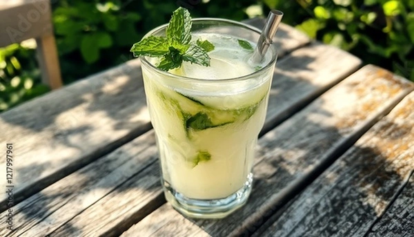 Fototapeta Refreshing Cucumber Mint Cocktail on Wooden Table