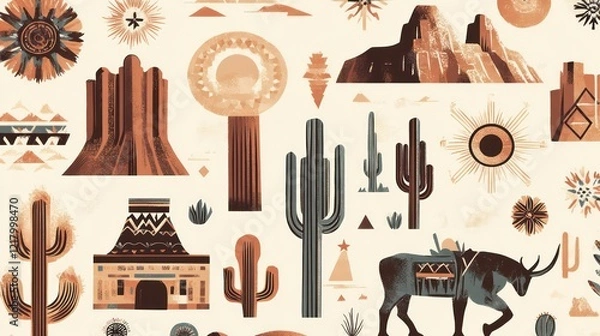 Fototapeta Southwestern US landscape pattern with cacti, mountains, and Native American designs.