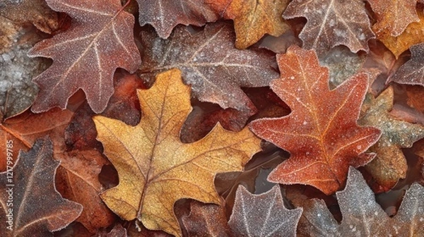 Fototapeta Frosted autumn leaves ground cover, fall texture, nature background, seasonal design