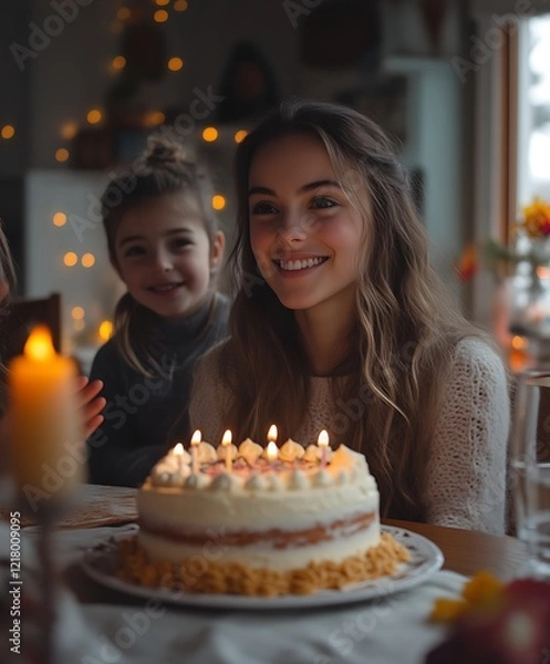 Fototapeta Teenager and child celebrating birthday with cake.