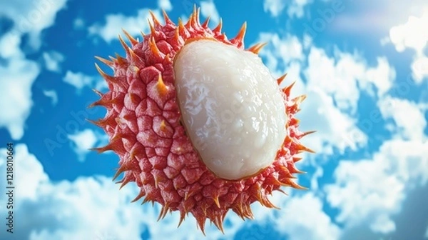 Obraz Lychee fruit half, opened, showing white flesh against a bright blue sky.