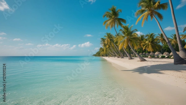 Fototapeta Tropical Beach with Coconut Palms and Crystal Clear Blue Waters